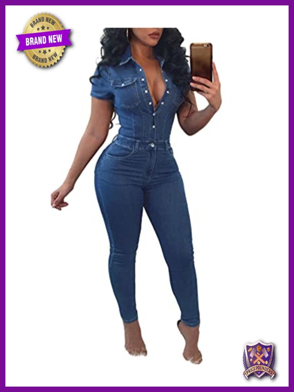 Women's Slim Fit Button Down Denim Long Jumpsuit Full Length Overalls